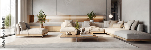 Gray corner comfortable sofa in room with concrete walls. Minimalist style interior design of modern living room. Created with generative AI photo