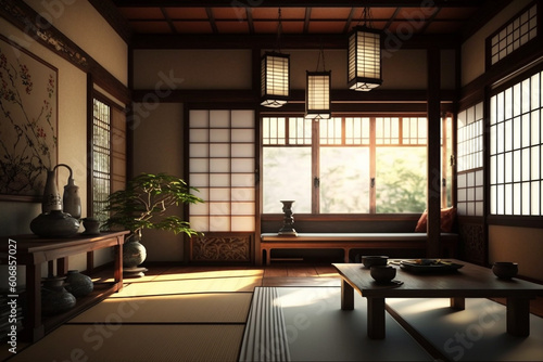 japanese interior design with traditional furniture like japanese lantern or table made with Generative AI