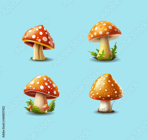 Set of fabulous mushrooms of different types. Vector illustration, print for background, print on fabric, paper, wallpaper, packaging.