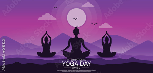 International yoga day banner or poster template design. Woman doing yoga pose, vector illustration.
