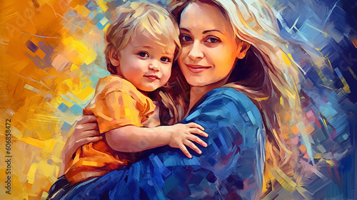 Painted image of a young mother holding her son in her arms, parenthood, mother's day © HelgaQ