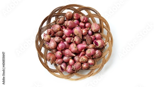 Bawang Merah or Shallots or Red Onion on bamboo basket isolated on white background photo