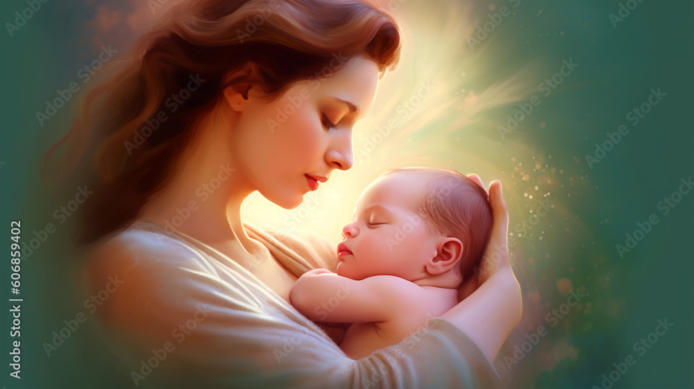 Painted image of a young mother holding her son in her arms, parenthood, mother's day Painted image of a young mother holding her son in her arms, parenthood, mother's day