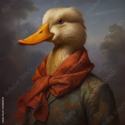 Portrait of a duck with a scarf. Generative AI