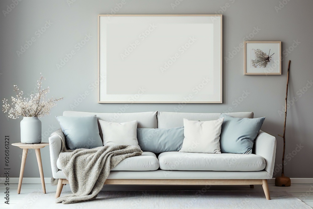 Modern scandinavian living room interior. Wooden picture frame, poster mockup. Sofa with throw blanket and pillows. Cherry plum blossoms in vase. Elegant stylish minimal home decor. Generative AI Modern scandinavian living room interior. Wooden picture frame, poster mockup. Sofa with throw blanket and pillows. Cherry plum blossoms in vase. Elegant stylish minimal home decor. Generative AI