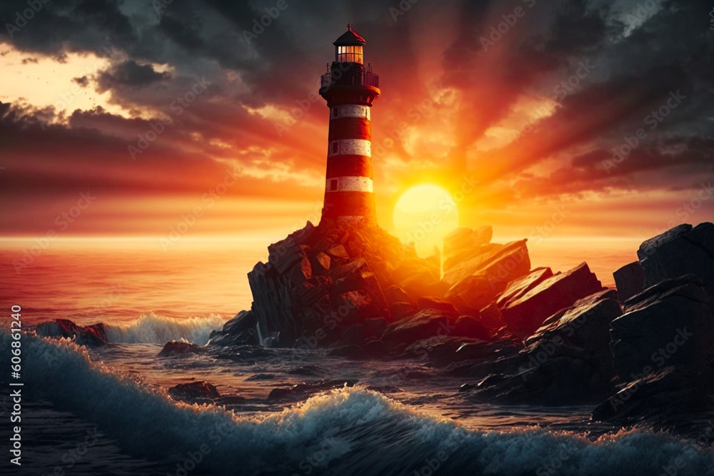 Ai generated image of lighthouse with sunrise background