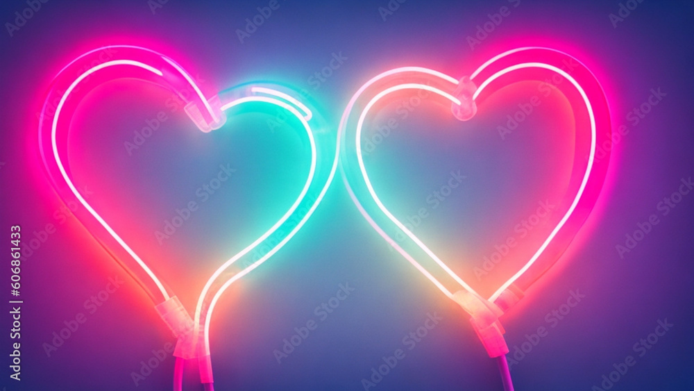 Blue and pink neon lights form two love hearts Blue and pink neon lights form two love hearts