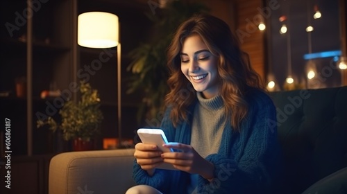 Photo of Young happy busy business woman executive using laptop mobile cell phone tech at office. Professional businesswoman holding smartphone, working on cellphone. Generative ai.