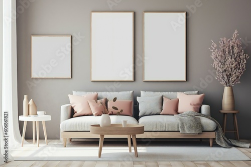 Modern scandinavian living room interior. Wooden picture frame  poster mockup. Sofa with throw blanket and pillows. Cherry plum blossoms in vase. Elegant stylish minimal home decor. Generative AI