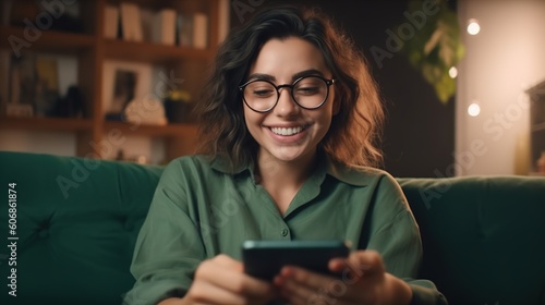 Photo of Young happy busy business woman executive using laptop mobile cell phone tech at office. Professional businesswoman holding smartphone, working on cellphone. Generative ai.