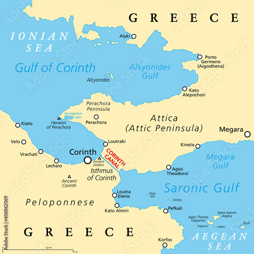 Corinth Canal, artificial waterway in Greece, political map. Connects Gulf of Corinth (Ionian Sea) with Saronic Gulf (Aegean Sea), cuts through Isthmus of Corinth, separates Peloponnese from Attica. photo