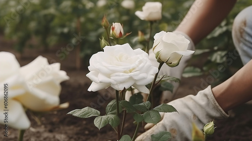 People planting white roses or working in community garden close up. AI generated  