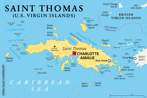 Saint Thomas, United States Virgin Islands, political map. One of the three largest islands of the USVI.  The territorial capital and port of Charlotte Amalie is located on this island. Vector.
