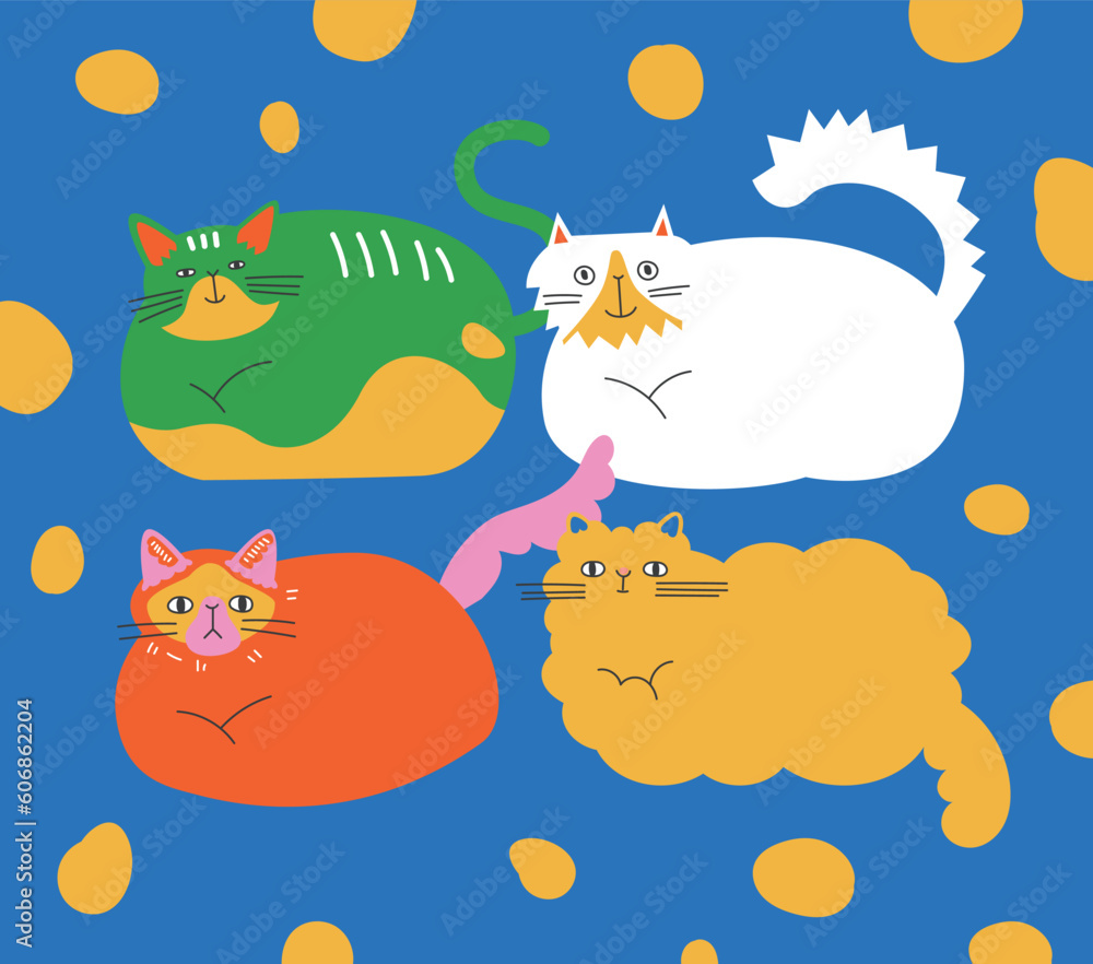 Naklejka premium Funny cat animal cartoon set in flat illustration style. Cute kitten pet collection, diverse cats.