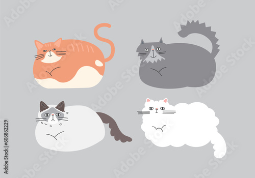 Funny cat animal cartoon set in flat illustration style. Cute kitten pet collection, diverse cats.