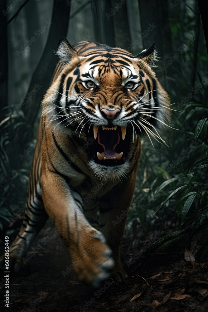 Angry tiger running through forest created with Generative AI technology. Angry tiger running through forest created with Generative AI technology.
