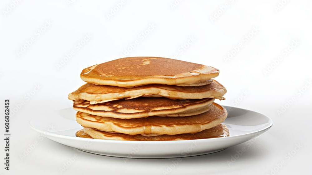 Pancakes in a plate on white background created with Generative AI technology. Pancakes in a plate on white background created with Generative AI technology.