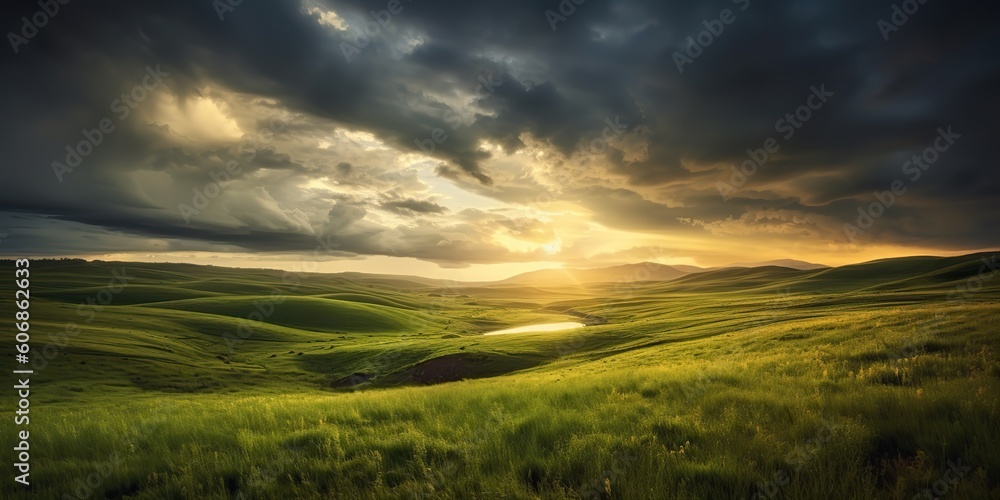 AI Generated. AI Generative. Photo realistic Illustration of green field grass hills landscape. Graphic Art AI Generated. AI Generative. Photo realistic Illustration of green field grass hills landscape. Graphic Art