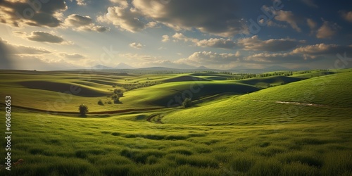 AI Generated. AI Generative. Photo realistic Illustration of green field grass hills landscape. Graphic Art