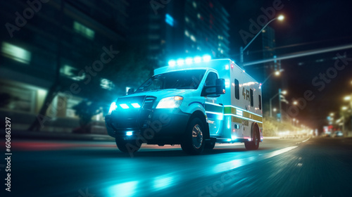 an ambulance racing through the rain on a stormy night with motion blur with reflections and light trails   Created using generative AI tools.