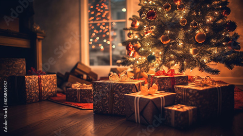 Beautiful Christmas gifts under fir tree on floor in room,  Created using generative AI tools.