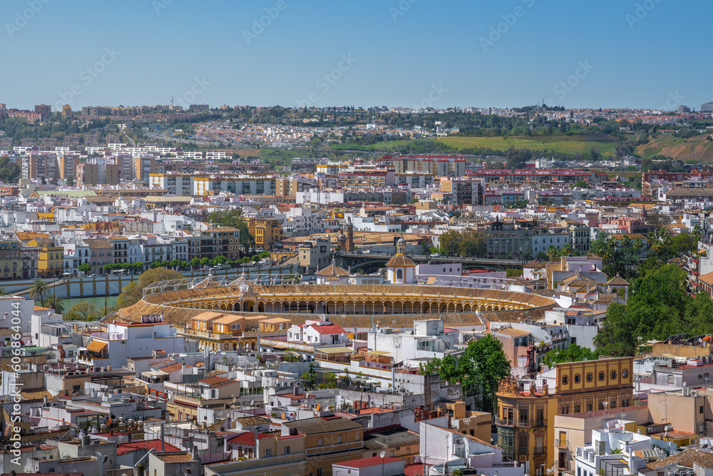 Aerial View of Seville with Maestranza Plaza de Toros (Bullring) - Seville, Andalusia, Spain