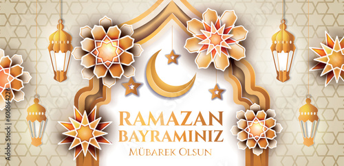 Eid Mubarak concept. Ramazan Bayramiz Mubaruk Olsun. Crescent and stars with lamps, gold lantern in paper cut style. Traditional islamic holiday or festival. Faith and belief. Vector illustration