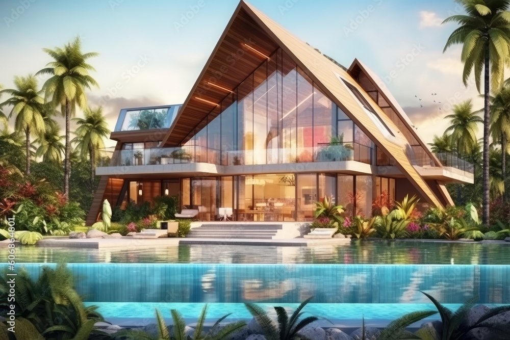This villa has a swimming pool and modern tropical luxury design. (Illustration, Generative AI)