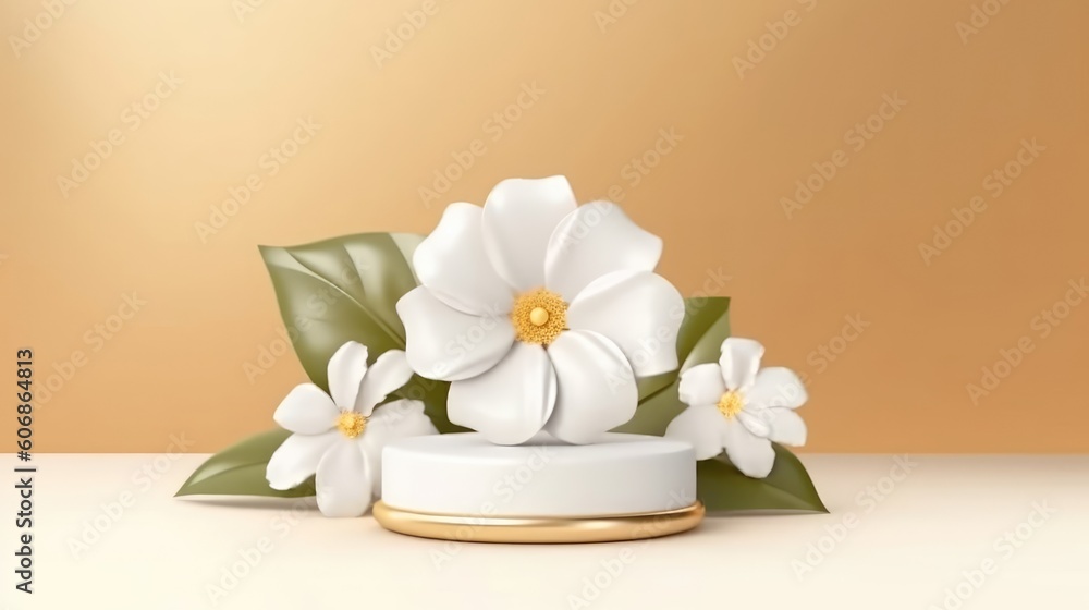 A white flower 3D podium for beauty product presentation. (Illustration, Generative AI)