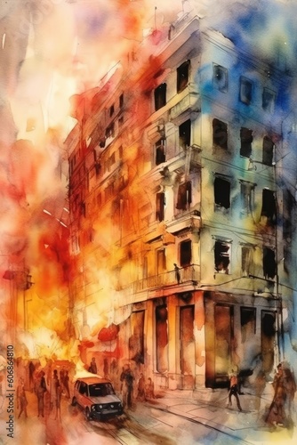 During the war, buildings in the city burned. (Watercolor style, Generative AI) © HandmadePictures