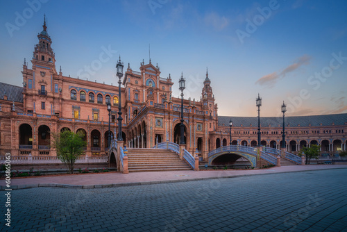 Plaza de Espana Central Building at sunrise - Seville, Andalusia, Spain