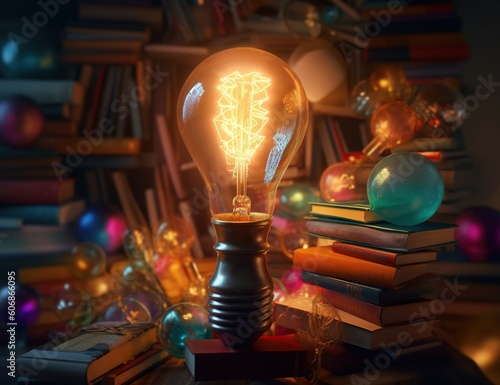 A light bulb and a book surrounded by books in a dark room. Generative AI