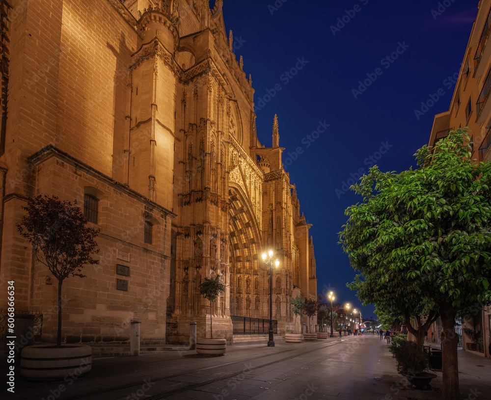 Seville Cathedral at night with the Main Door - Door of Assumption (Puerta de la Asuncion) - Seville, Andalusia, Spain
