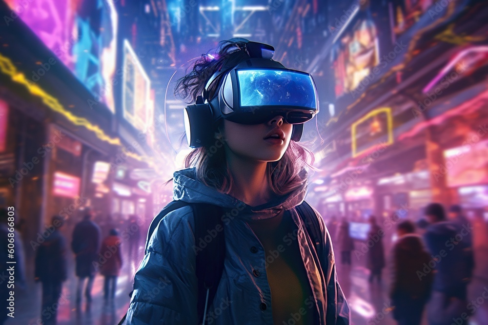 girl wearing virtual reality glasses in an anime urban streetscape. Generative AI girl wearing virtual reality glasses in an anime urban streetscape. Generative AI