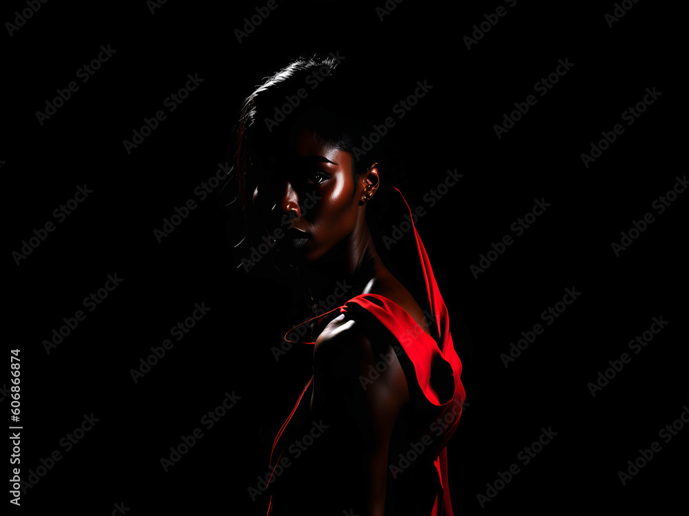 Beautiful girl with a red rope in the shade on a black background. Unique image. AI