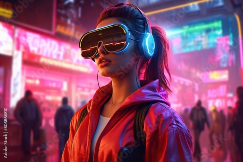 Digital teen in headphones standing in a city with neon lights. Generative AI
