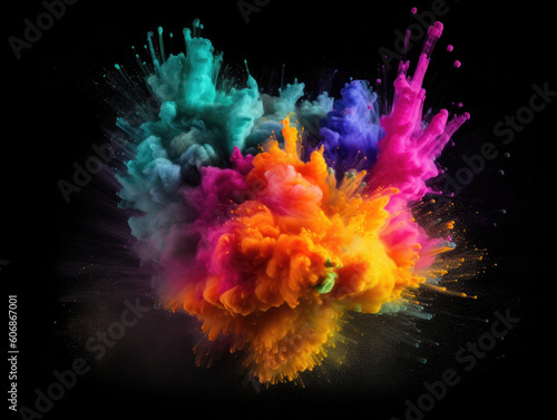 Explosion of colored powder on a black background, generative ai