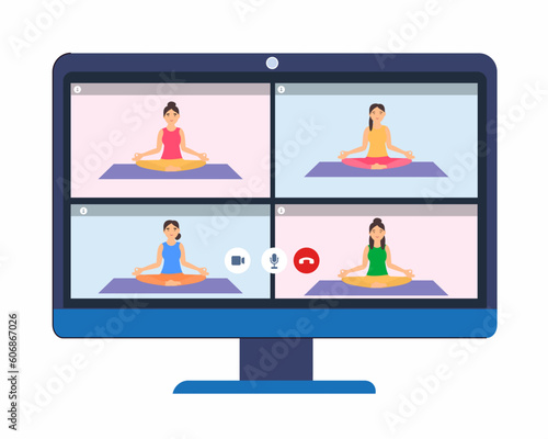 Online workout, yoga classes on laptop stay home, keep fit and positive banner, social media post template