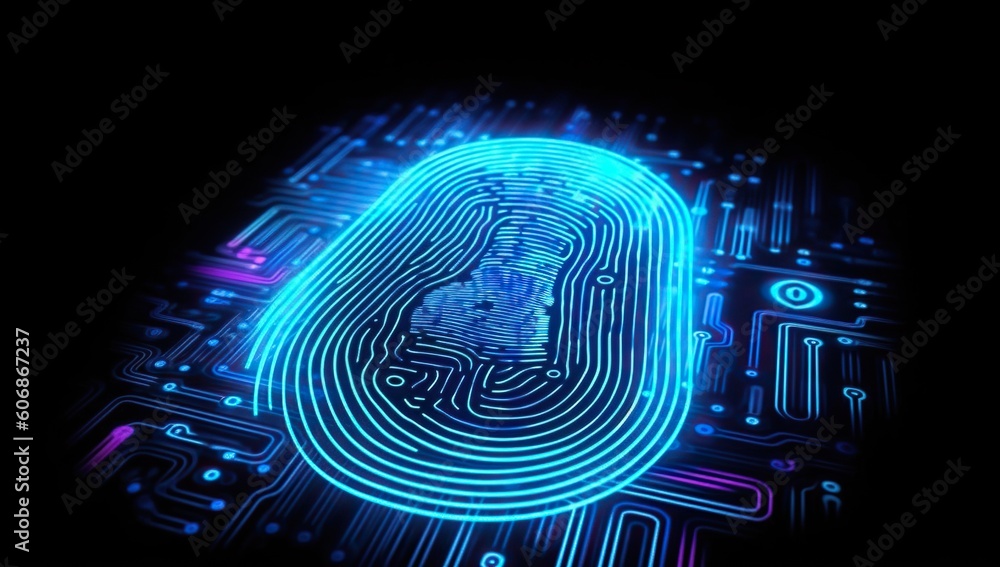 A blue fingerprint on circuit board. Generative AI A blue fingerprint on circuit board. Generative AI