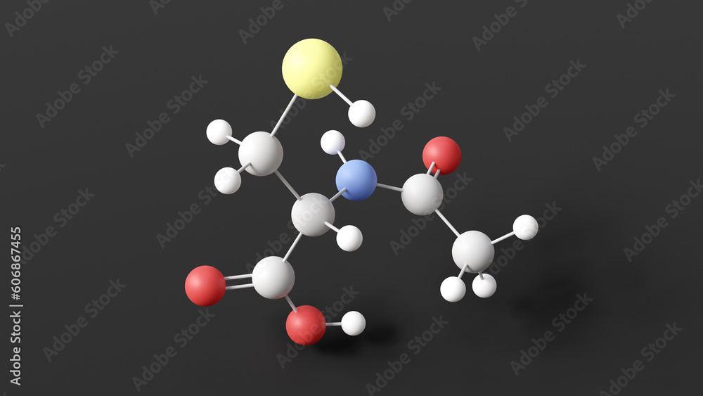 acetylcysteine molecule, molecular structure, n-acetylcysteine, ball and stick 3d model, structural chemical formula with colored atoms acetylcysteine molecule, molecular structure, n-acetylcysteine, ball and stick 3d model, structural chemical formula with colored atoms