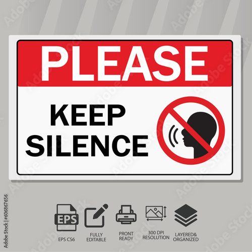 Keep quiet, silent please sign. crossed person talking, shhh icon in circle.