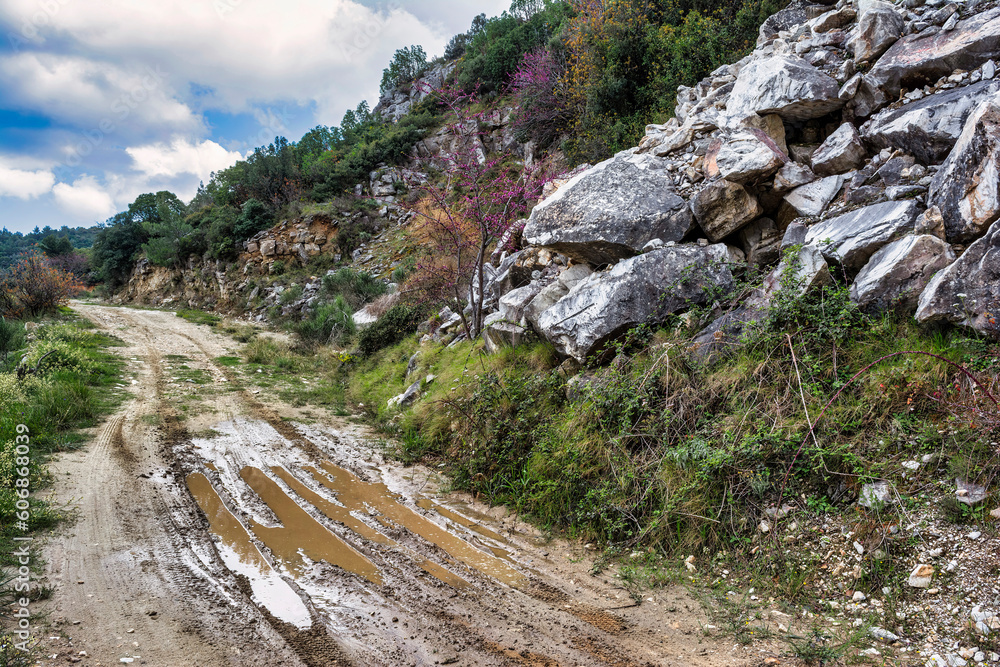 Penteli mountain dirt road at Athens, Greece