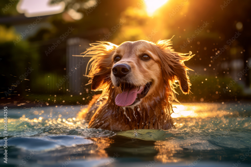 Golden retriever playing in the pool by generative AI