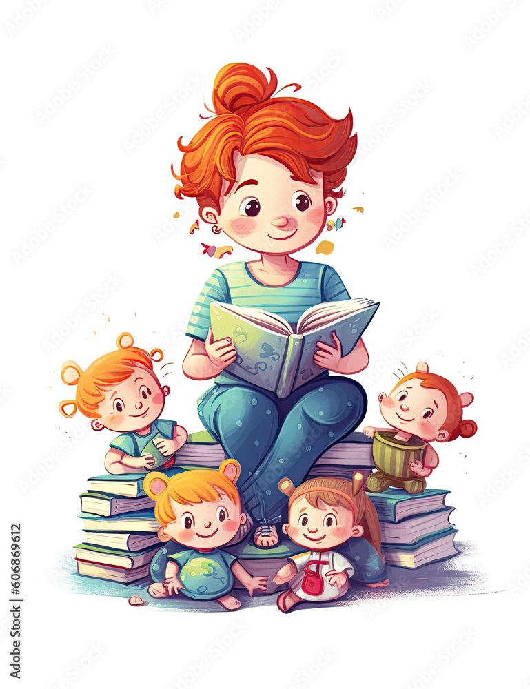 red hair smiling girl sitting on books, cartoon character, surrounded by little kids toys,children's book illustration style, ai generative red hair smiling girl sitting on books, cartoon character, surrounded by little kids toys,children's book illustration style, ai generative