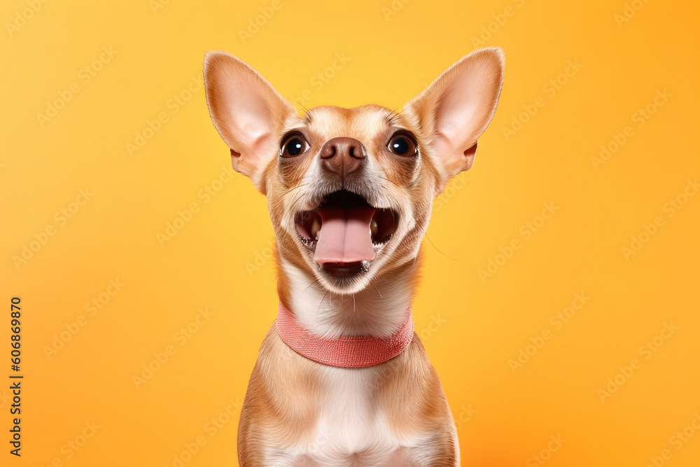 pop portrait of a happy dog over a yellow background