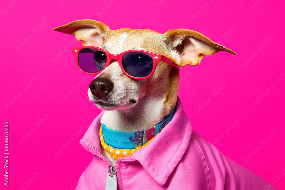 pop portrait of a dog with red sunglasses wearing a pink jacket over a vibrant pink background