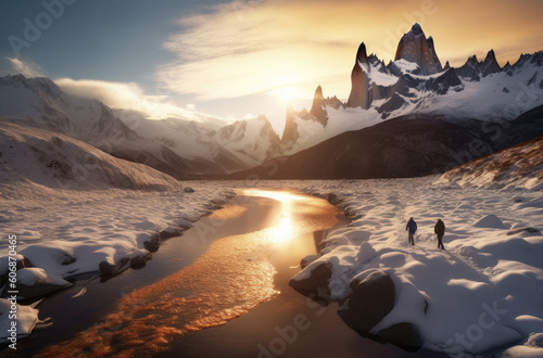 Paisaje bucólico de patagonia con dos senderistas haciendo trekking. ilustracion de IA generativa photo