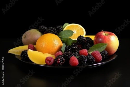 Raw fruits on black plate  Generative ai