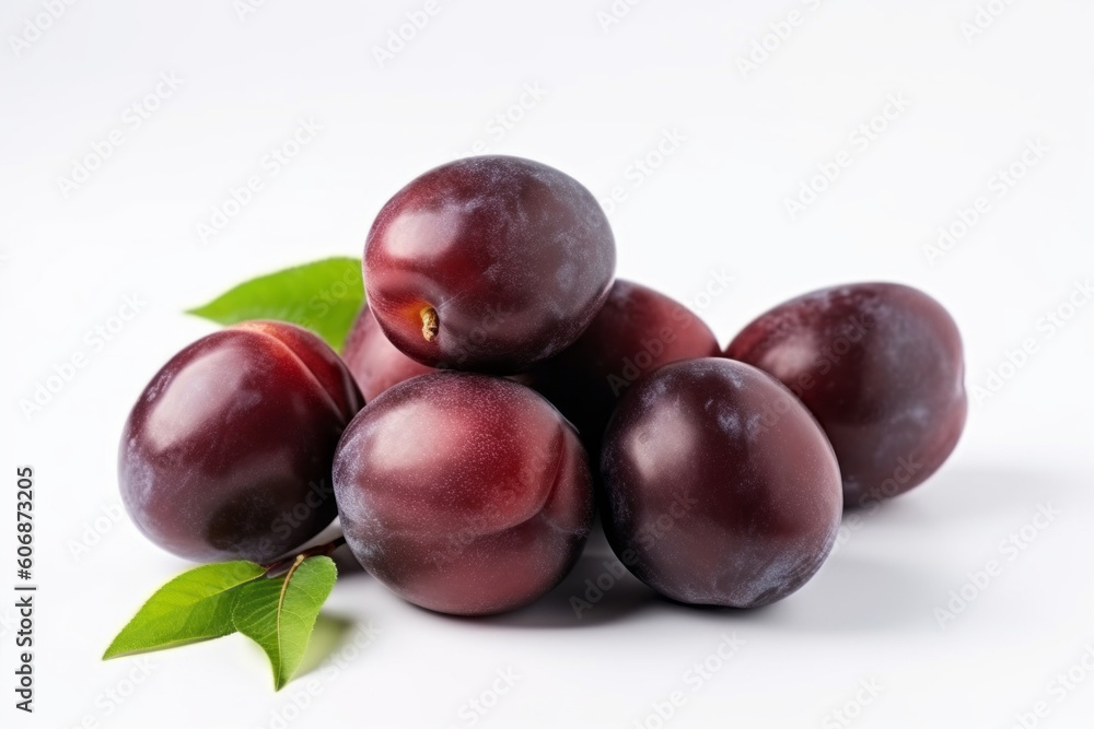 a bunch of ripe plums on a pure white background
