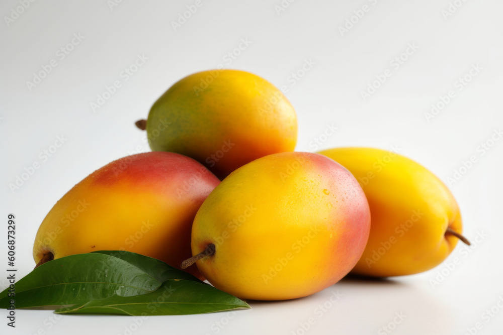 a few ripe juicy mangoes on a pure white background